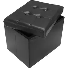 undefined - Puff Negra de Cuero con Almacenamiento y Asiento Acolchado Plegable