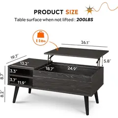 WLIVE - Mesa de Centro Elevable Negra con Compartimento y Estante Ajustable
