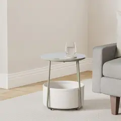 VASAGLE - Mesa Auxiliar Redonda con Cesta de Tela Diseño Moderno en Verde Bosque y Blanco Crema