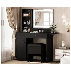 undefined - Tocador con Espejo LED y Cajones LIKIMIO Negro con Taburete y Toma de Corriente