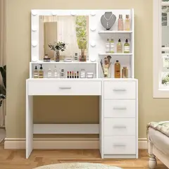 undefined - Tocador de Maquillaje con Espejo y Luces LED Ajustables 5 Cajones