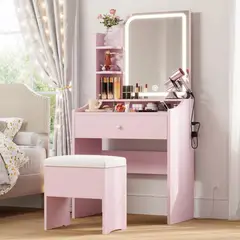 undefined - Tocador Rosa con Espejo Luces y Silla LIKIMIO para Dormitorio Moderno