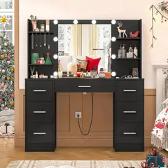 undefined - Tocador Grande Negro Con Espejo LED Y Carga USB Para Maquillaje