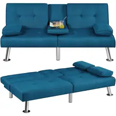 YAHEETECH - Sofá Cama Convertible Azul Aqua con Portavasos y Almohadas