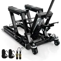 GO PLUS - Gato Hidráulico Goplus Para Motocicleta 680 Kg Negro Elevación 12?38 Cm Con Ruedas Y Correas