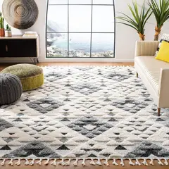 SAFAVIEH - Tapete Pelo Alto 160 cm x 160 cm Marfil Gris con Borlas Decorativas