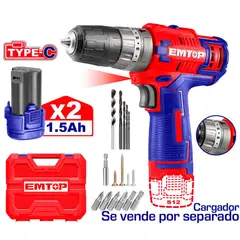 EMTOP - Taladro 3/8" Inalámbrico Atornillador Destornillador Percutor 12V + 16 Accesorios