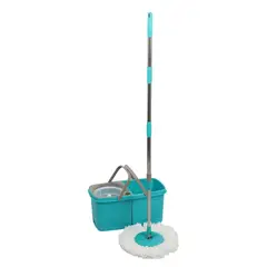 KLEINE WOLKE - Mopa Trapero en Microfibra Giratorio (Centrifugo) con Mango Metálico 140cm Balde Dúo con Escurridor y Dispensador de Jabón con Drenaje 360g Azul Aguamarina