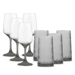 CRISTAR - Set x8 Piezas 4 Vasos Altos + 4 Copas Vino Gris Humo