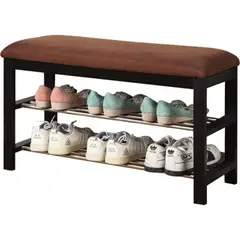 undefined - Banco Zapatero De Madera Oscura Con Asiento De Microfibra Color Chocolate