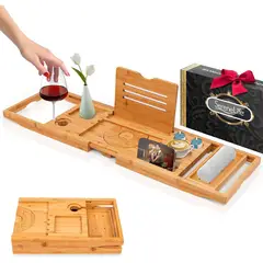 SERENELIFE - Organizador de Bambú Expandible para Bañera con Soporte y Antideslizantes