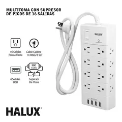 HALUX - Multitoma Con Supresor 16 Salidas + 4 Puertos USB
