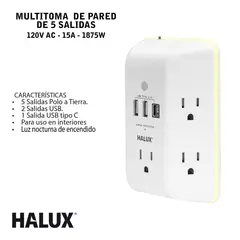 HALUX - Multitoma De Pared Con Supresor 5 Sal+3 Ptos USB