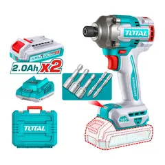 TOTAL TOOLS - Atornillador de Impacto 20 V 1/4 Pulg 285Nm sin Escobillas Incluye 2 Baterias 2Ah + Cargador + Maletín
