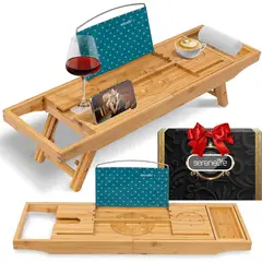 SERENELIFE - Bandeja Expandible de Bambú para Bañera con Soporte y Ranura para Copa