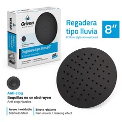 GRIVEN - Regadera Tipo Lluvia Redonda 8" Acero Inoxidable Acabado Negro Mate Consumo 9 l/min