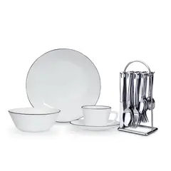 HOME ELEMENTS - Combo Vajilla 4/16 Vitrocerámica Borde Negro + Set de Cubiertos Acero Inoxidable
