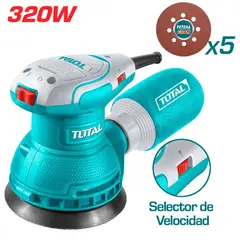 TOTAL - Lijadora Roto Orbital 5 Pulgadas Eléctrica 320 W 13000 RPM Uso Rudo Industrial 6 Velocidades + 5 Lijas