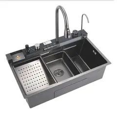 ZERRUTTI - Lavaplatos Moderno Gris. En Acero Inoxidable Con 2 Griferías. 2 Cascadas. Luz Led y Pantalla