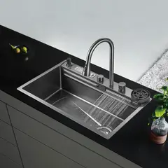 ZERRUTTI - Lavaplatos Moderno En Acero Inoxidable Con Grifería Cascada y Escurridor de Cuchillos