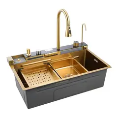 ZERRUTTI - Lavaplatos Moderno Dorado. En Acero Inoxidable Con 2 Griferías. 2 Cascadas. Luz Led y Pantalla