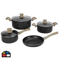 undefined - Juego de Ollas / Batería de Cocina en Aluminio 7 Piezas Antiadherente Negro Marbel Inducción Mango Wood