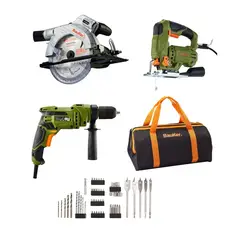 BAUKER - Taladro Percutor 1/2pg+s.circ 7-1/4pg+ Caladora + Accesorios