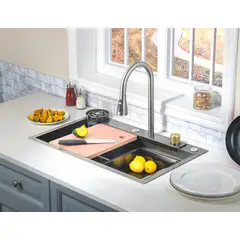 SENSI DACQUA - Lavaplatos Acero Negro 75x22 cm con Grifería Monocontrol, Colador, Tabla de Cortar, Lavador de Copas y Sifón