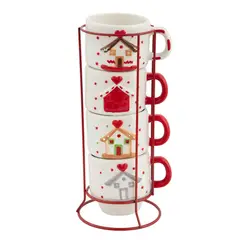 DEAR SANTA - Set de 4 Mugs Navidad Casa en Cerámica Rojo Multicolor 225ml 7.8cm