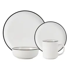 JUST HOME COLLECTION - Juego de Vajilla 16 Piezas 4 Puestos en Porcelana Camellia Blanco con Bordes Negro