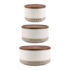 JUST HOME COLLECTION - Set de 3 Bowl en Cerámica con Tapa Bambú Beige Capacidad 300ml, 560 ml, 860 ml