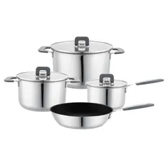 JUST HOME COLLECTION - Juego de Ollas Batería de Cocina Forli en Acero Inoxidable 7 Piezas, Acabado Satinado, Mango y Asas en Silicona, Apta para Inducción, Sartén con Revestimiento Antiadherente