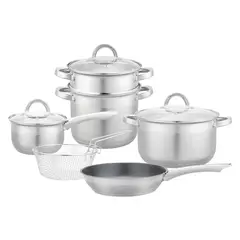 JUST HOME COLLECTION - Juego de Ollas Batería de Cocina Antiadherente Apto para Inducción Acero Inoxidable 9 Piezas Negro