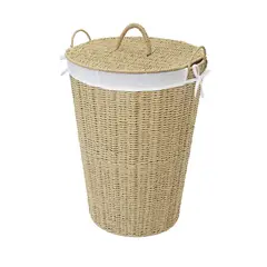 JUST HOME COLLECTION - Canasta para la Ropa Redondo con Tapa en Yute Capacidad 60 litros 40x53x40 cm Beige